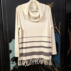 Zenergy by Chicos Cream and Gray‎ Women's Sweater with Fringe Size 2
